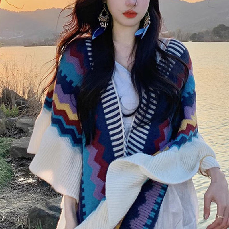 Tibetan Shawl Colorful Striped Wavy Line Tassels Winter Cozy Travel Scarf Wrap