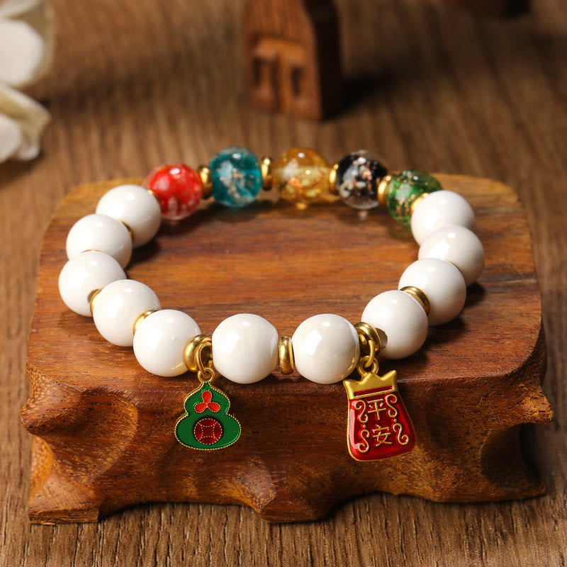 Luminous Liuli Glass & Tibetan Porcelain Beaded Bracelet with Wu Lou Copper Coin Charm