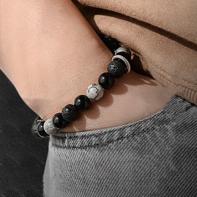 Vintage Lava Rock Black Obsidian Picasso Jasper Beads Support Rope Bracelet
