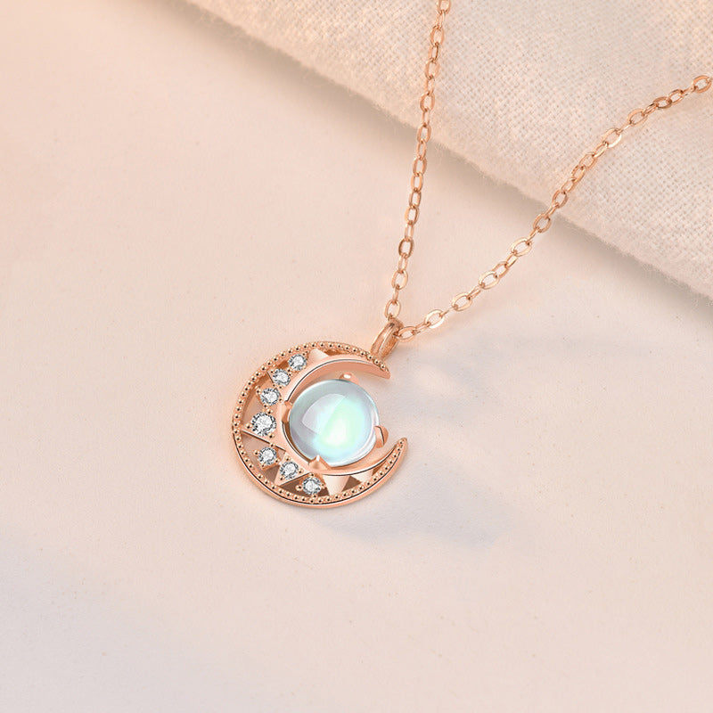 925 Sterling Silver Moonstone Moon Pattern Love Necklace Pendant