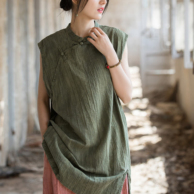 Handmade Tie Dye Ramie Linen Frog-Button Sleeveless Vest