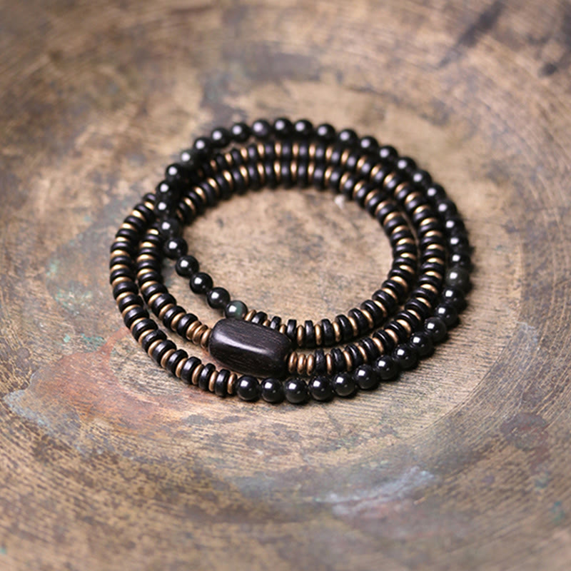 Rainbow Obsidian Ebony Wood Copper Healing Triple Wrap Bracelet