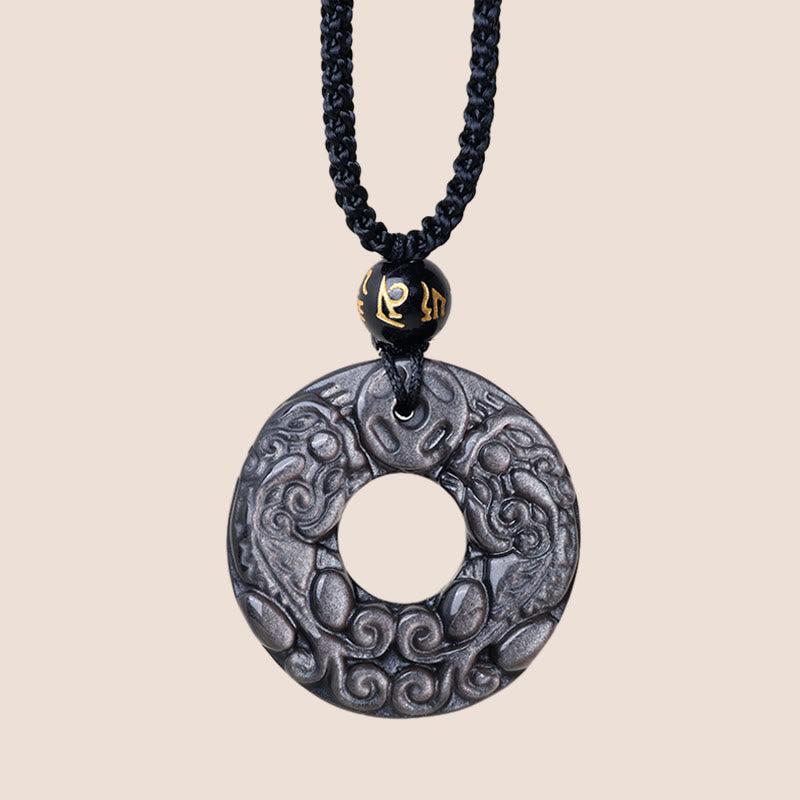 Natural Silver Sheen Obsidian Double PiXiu Copper Coin Peace Buckle Protection Necklace Pendant