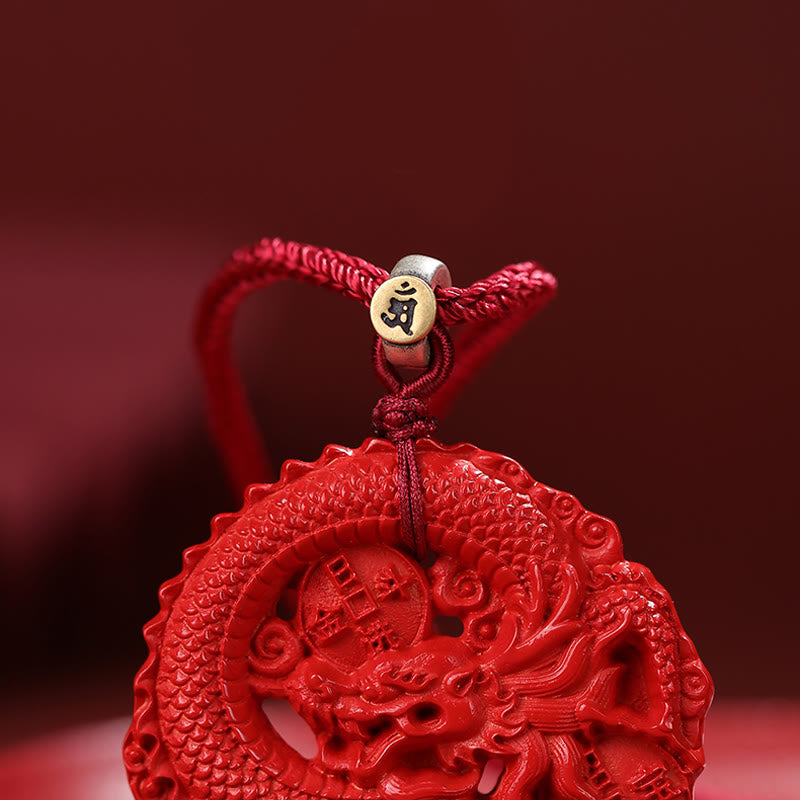 Year of the Dragon 925 Sterling Silver Natural Cinnabar Copper Coin Luck Necklace Pendant
