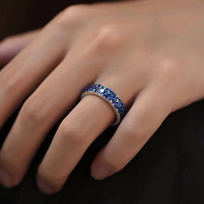 Blue Auspicious Clouds Design Healing Copper Adjustable Ring