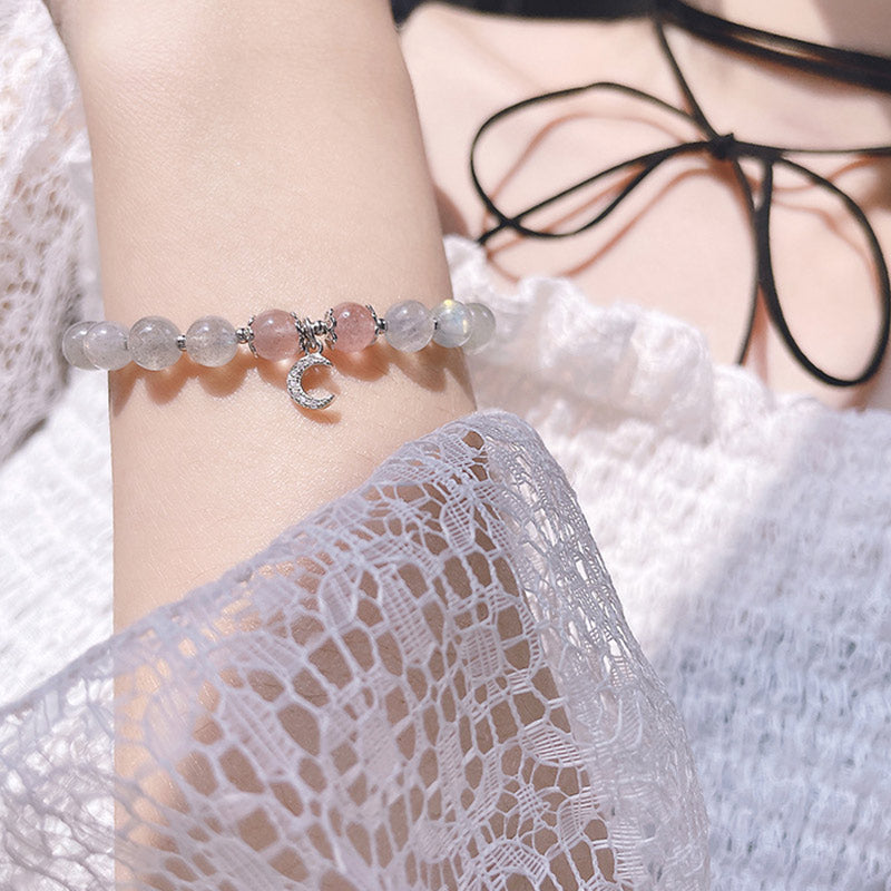 Strawberry Quartz Moonstone Luck Moon Charm Bracelet
