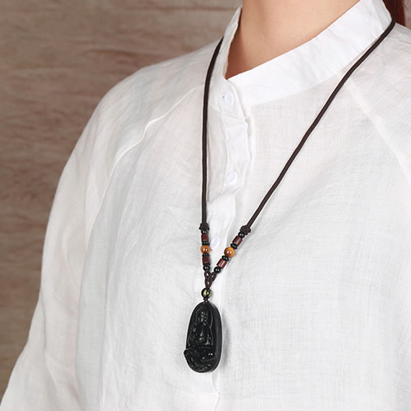 Chinese Zodiac Natal Buddha Natural Black Obsidian Purification Necklace Pendant