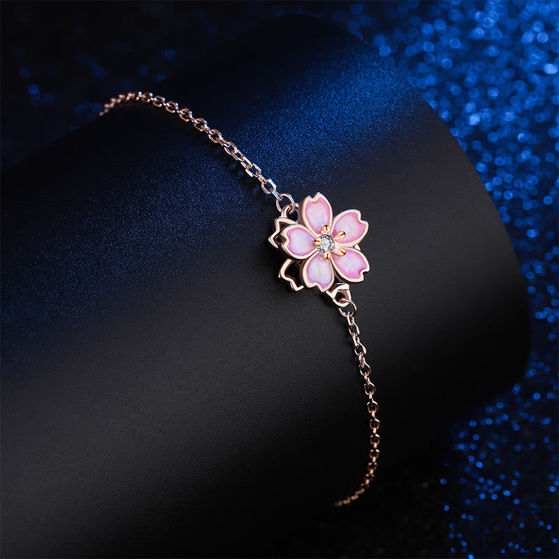 925 Sterling Silver Cherry Blossom Blessing Chain Bracelet Rotatable Ring