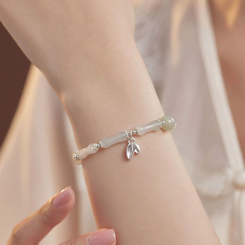 925 Sterling Silver Natural Tianshan Jade Bamboo Charm Luck Bracelet