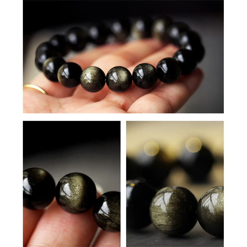 Natural Gold Sheen Obsidian & Amber Bracelet with 925 Sterling Silver and Zodiac Guardian