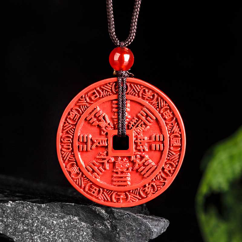 Natural Cinnabar Mountain Ghosts Spend Money Bagua Design Blessing Necklace Pendant