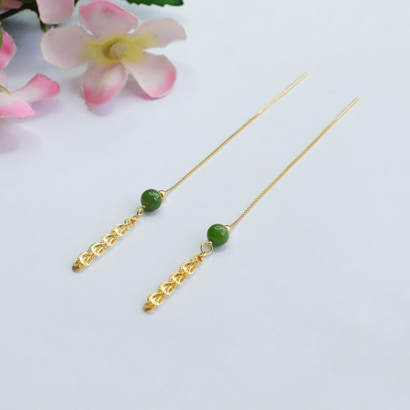 925 Sterling Silver Natural Hetian Cyan Jade Bead Luck Phoenix Tail Drop Earrings