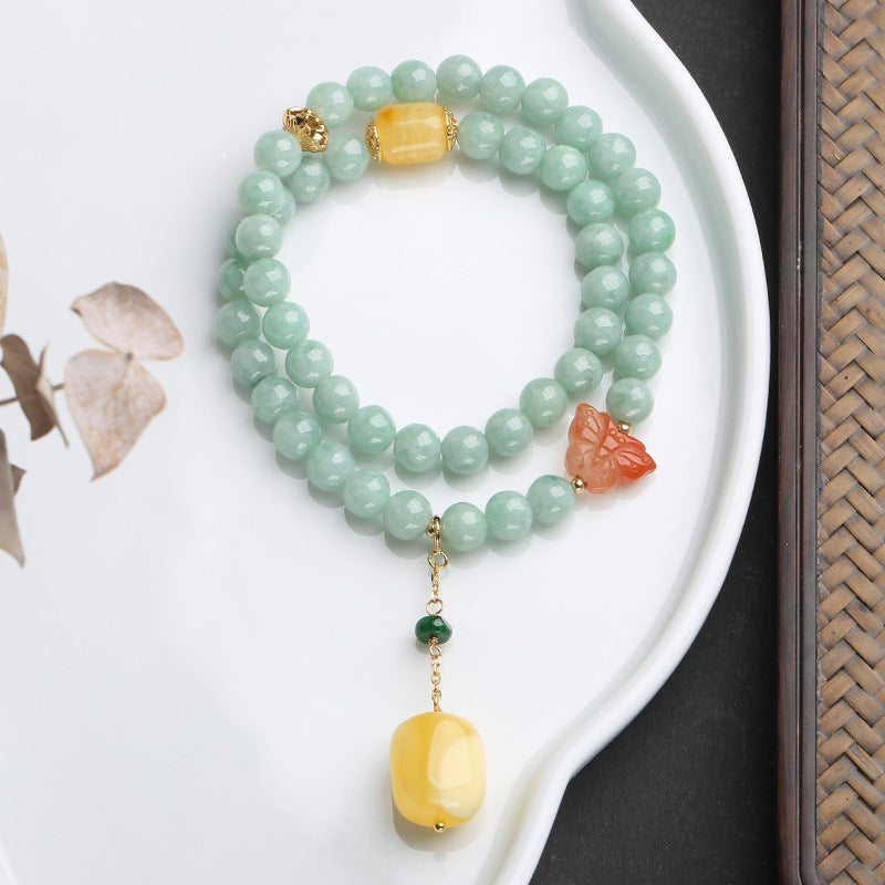 Sterling Silver & Gold Butterfly Bracelet with Natural Jade, Amber and Red Agate