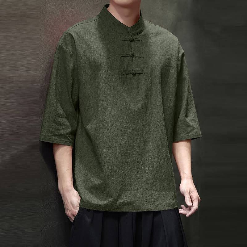Cotton Linen Half-Sleeve Stand Collar Meditation Shirt