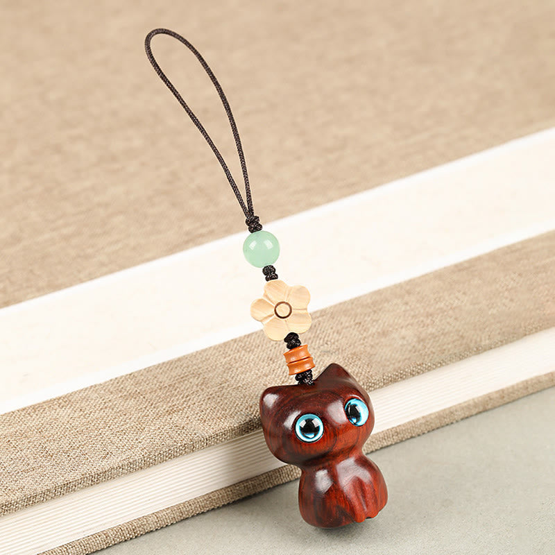 Hand-Carved Lucky Cat Wood Charm with Green Aventurine, Boxwood & Olive Wood Phone Keychain