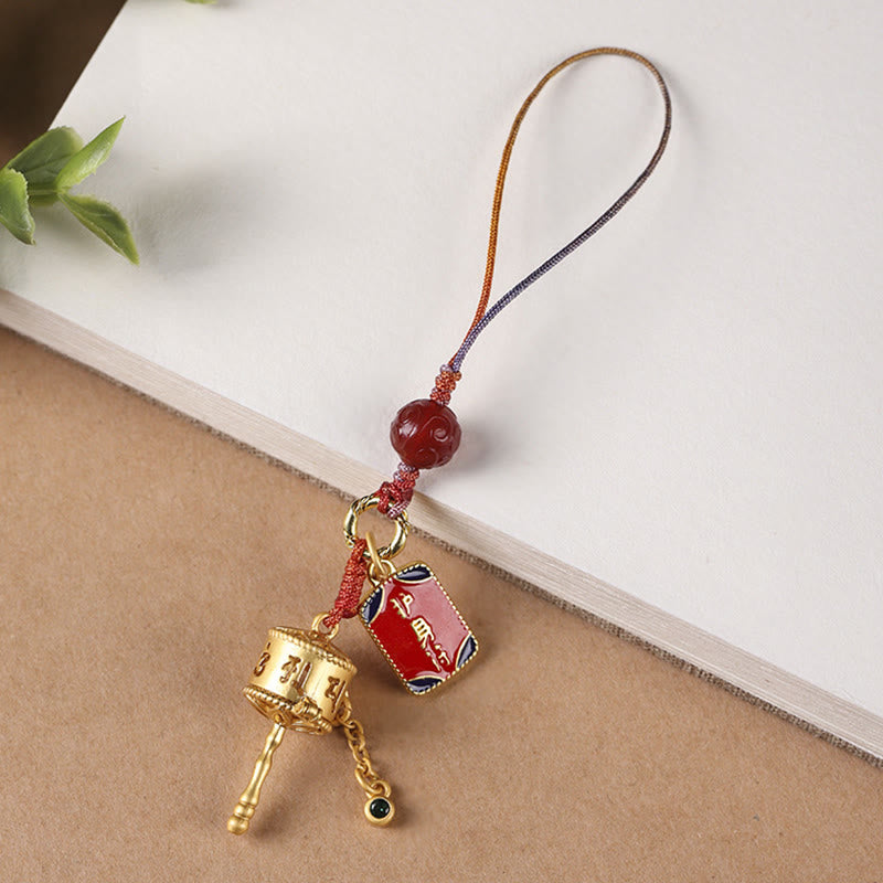 Tibetan Copper Om Mani Padme Hum Prayer Wheel & Red Agate Phone Charm