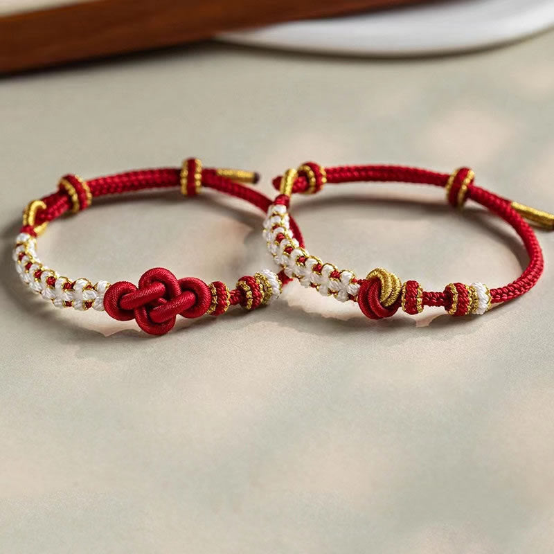 Hand-Braided Red String Bracelet with Copper Endless Knot & Peach Blossom Charm
