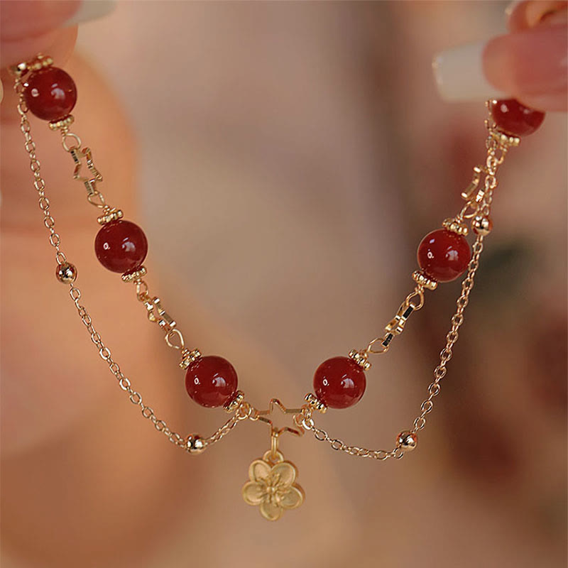 14k Gold Plated Red Agate Star Flower Charm Calm Bracelet