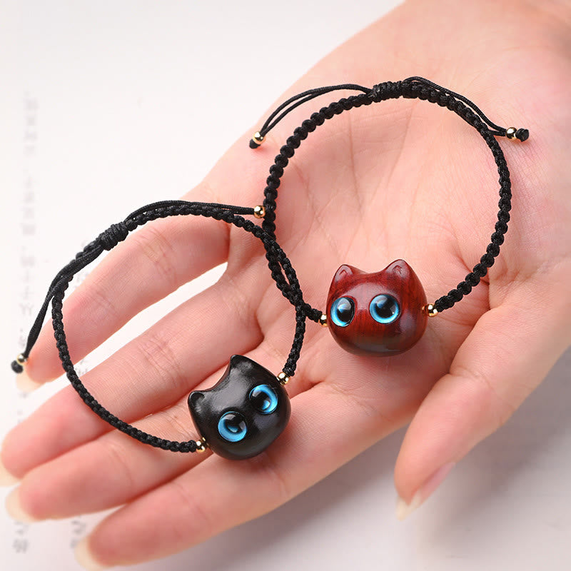 Small Leaf Red Sandalwood Ebony Wood Cute Cat Head Calm Protection Braided Bracelet