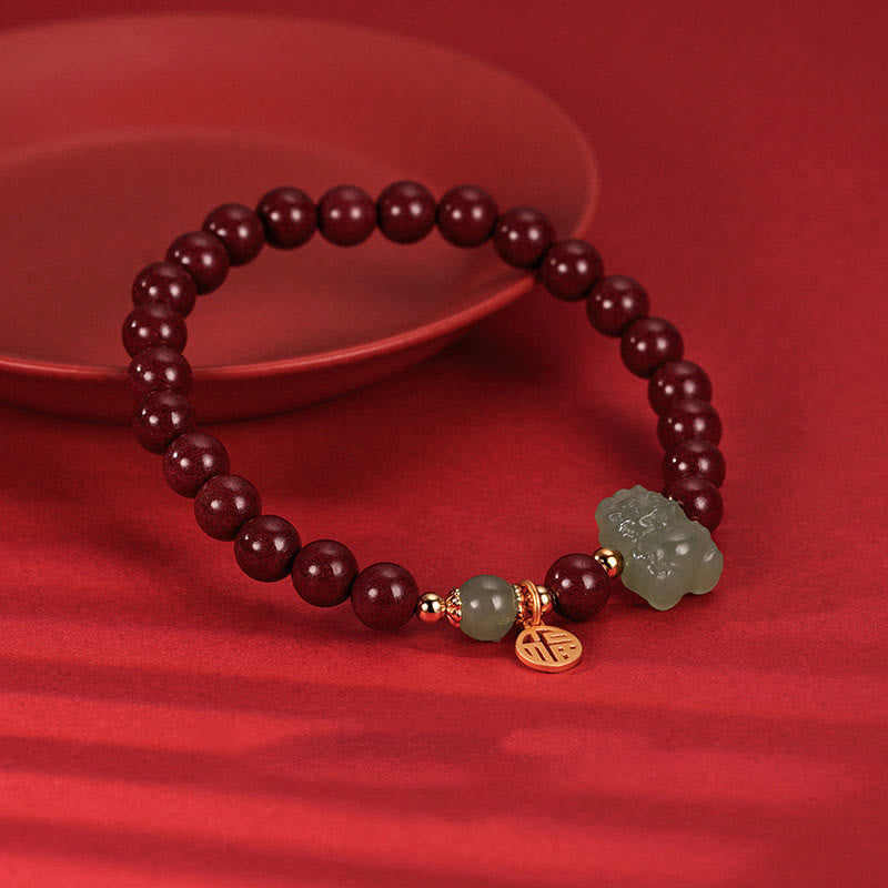 925 Sterling Silver Year of the Dragon Natural Cinnabar Hetian Jade Dragon Fu Character Ruyi As One Wishes Charm Blessing Bracelet