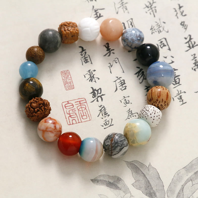 Handmade 18-Bead Bodhi Seed Bracelet with Natural Agate and Clear Quartz