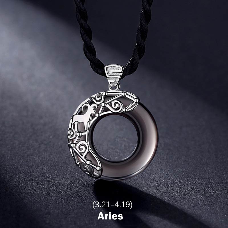 12 Constellations of the Zodiac Ice Obsidian Blessing Round Pendant Necklace