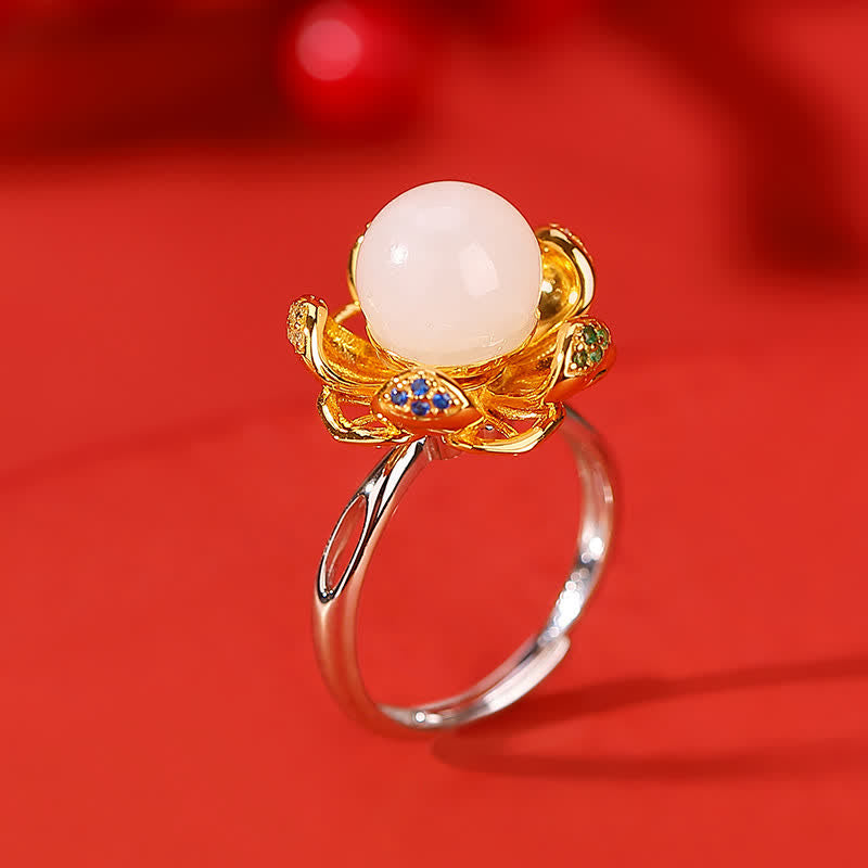 Handcrafted 925 Sterling Silver and Gold Jade Lotus Flower Ring
