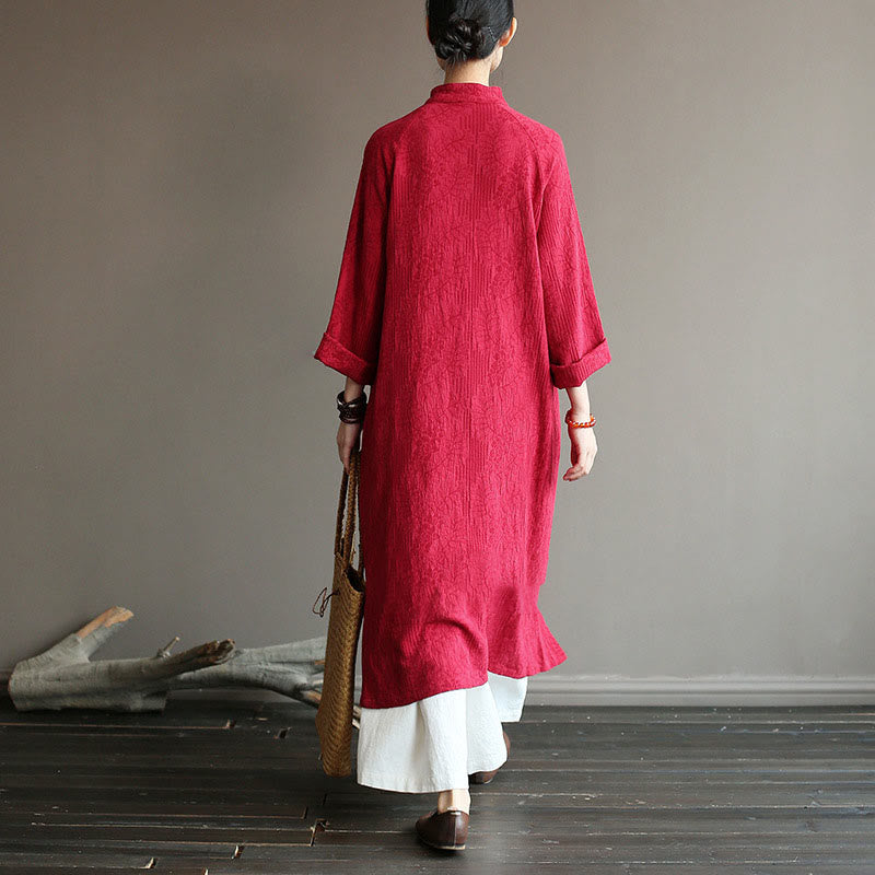 Flower Jacquard Midi Dress Long Sleeve Cotton Linen Dress Wide Leg Pants With Pockets