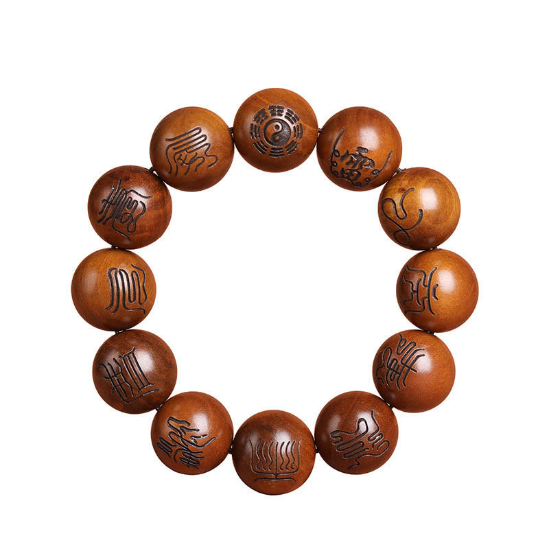 Lightning Struck Jujube Wood Yin Yang Bagua Taoist Taboo Scripture Symbol Engraved Luck Bracelet