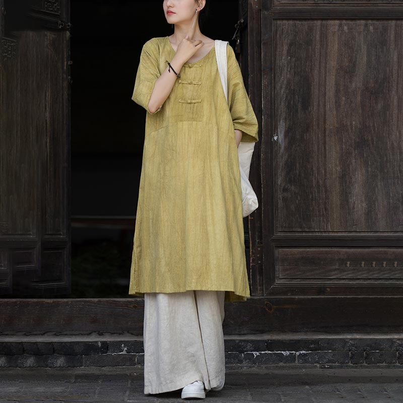 Ramie Linen Tie-Dye Frog-Button Meditation Midi Dress & Wide-Leg Pants Set