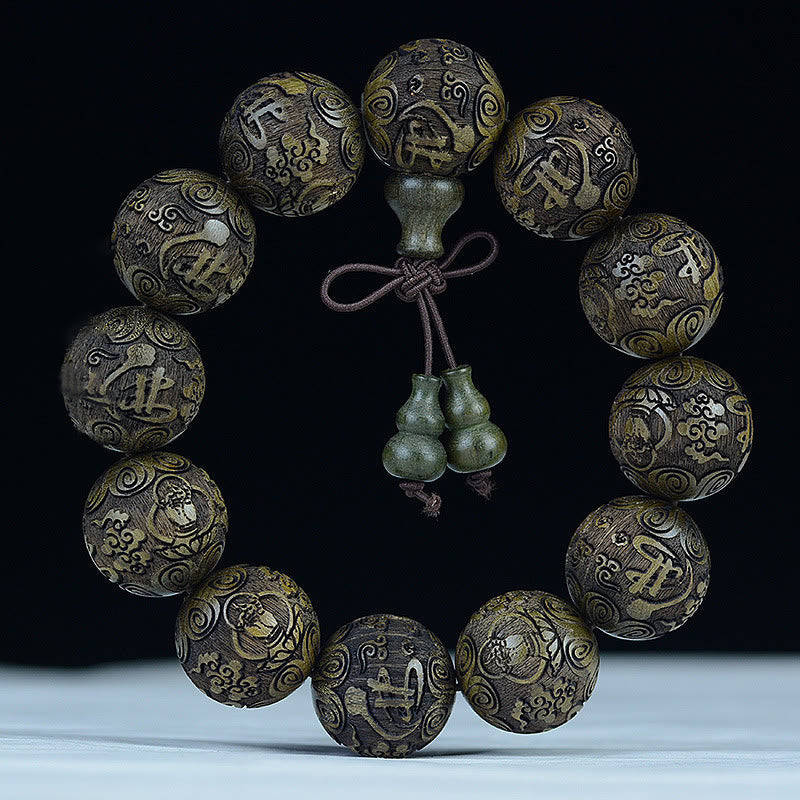 Chinese Zodiac Rosewood Ebony Copper Coin PiXiu Carved Warmth Bracelet