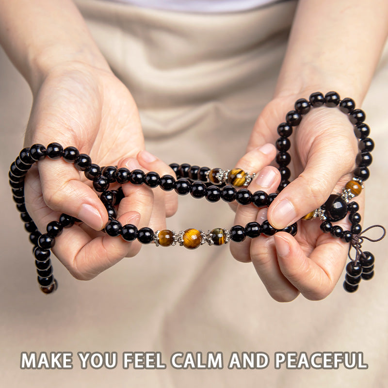 108 Beads Natural Black Obsidian Tiger Eye Mala Bracelet
