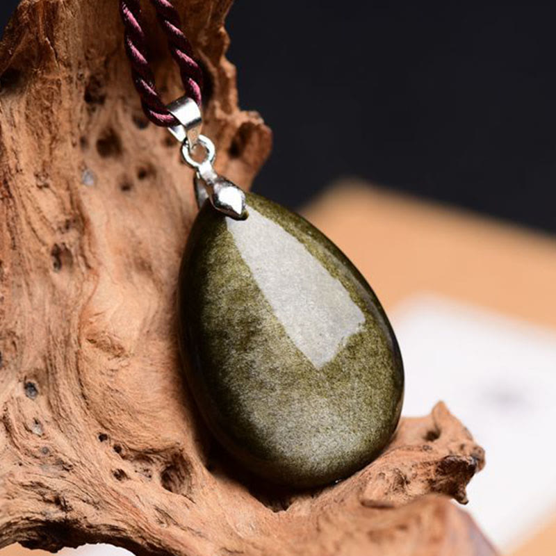 Gold Sheen Obsidian Black Obsidian Rainbow Obsidian Wealth Water Drop Necklace Pendant