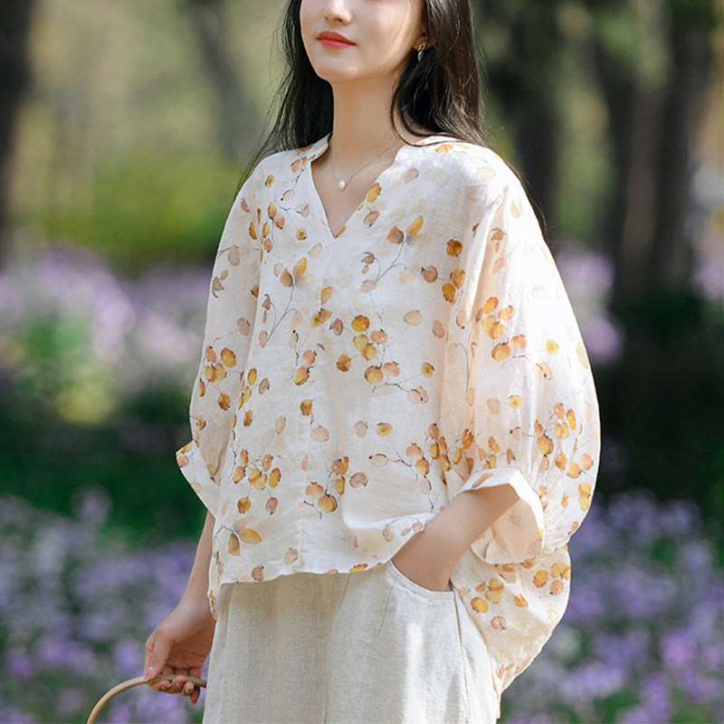 Fruits Leaves Pattern Lantern Sleeve Top Loose Tee T-shirt