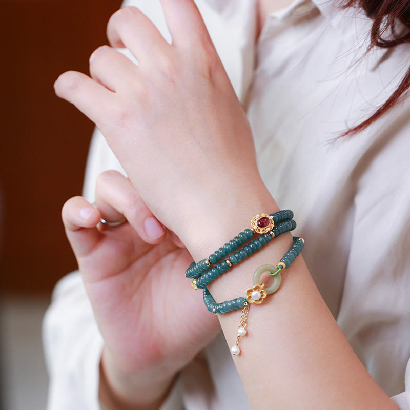 925 Sterling Silver Gold Plated Cyan Jade Flower Peace Buckle Success Triple Wrap Bracelet