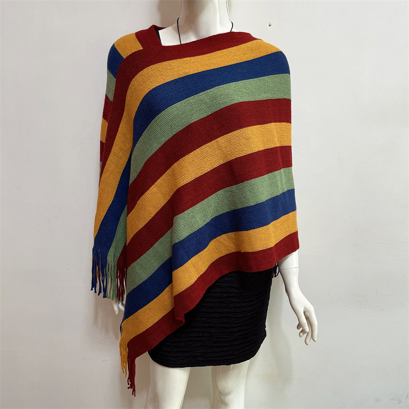Knitted Striped Tassel Pullover Meditation Shawl Wrap