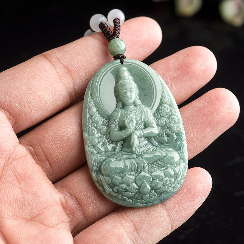 Natural Jade Avalokitesvara Amulet Wealth Necklace Pendant