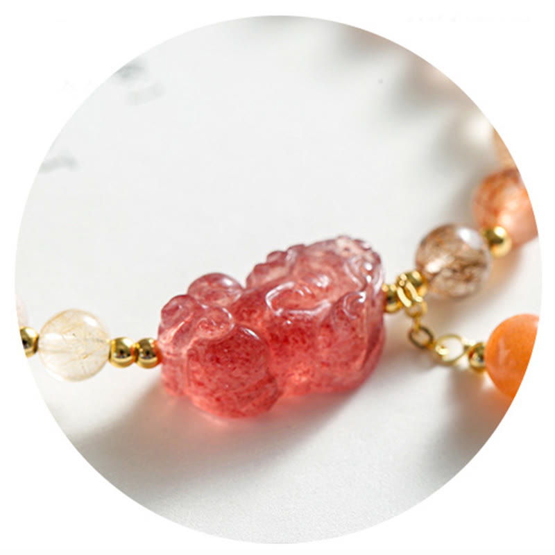 Hand-Assembled Natural Strawberry Quartz & Copper Pixiu Beaded Bracelet