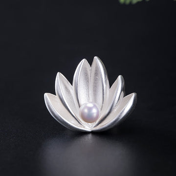 925 Sterling Silver Lotus Flower Pearl New Beginning Brooch