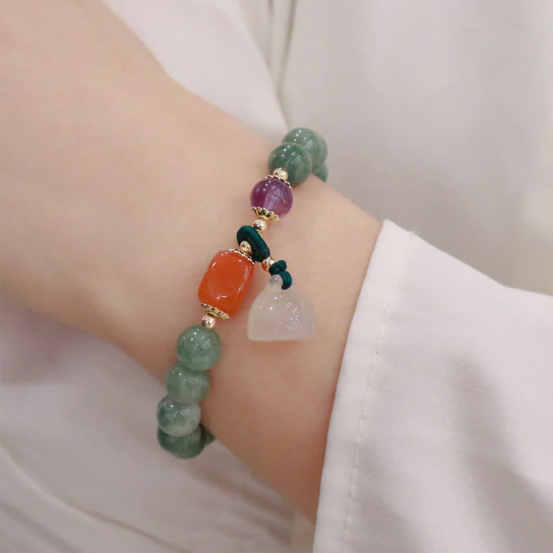 Cyan Jade, Golden Silk Jade & Amethyst Crystal Bracelet with Chalcedony & Energetic Styles