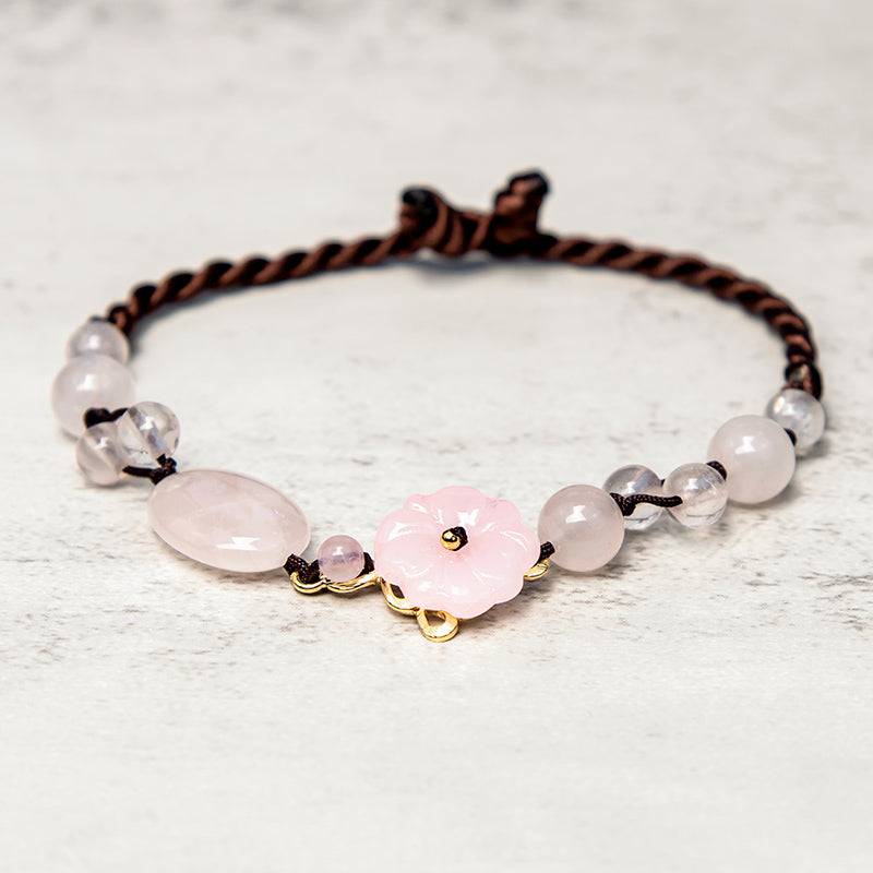 Flower of Love Rose Quartz Adjustable Pink Crystal Anklet