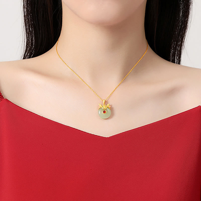 925 Sterling Silver Hetian Jade Chinese Zodiac Year of the Dragon Red Agate Luck Protection Necklace Pendant