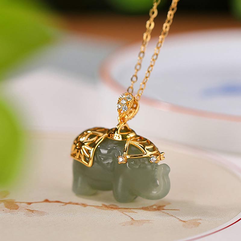 Gold Plated 925 Sterling Silver Jade Elephant Pendant Unisex Necklace