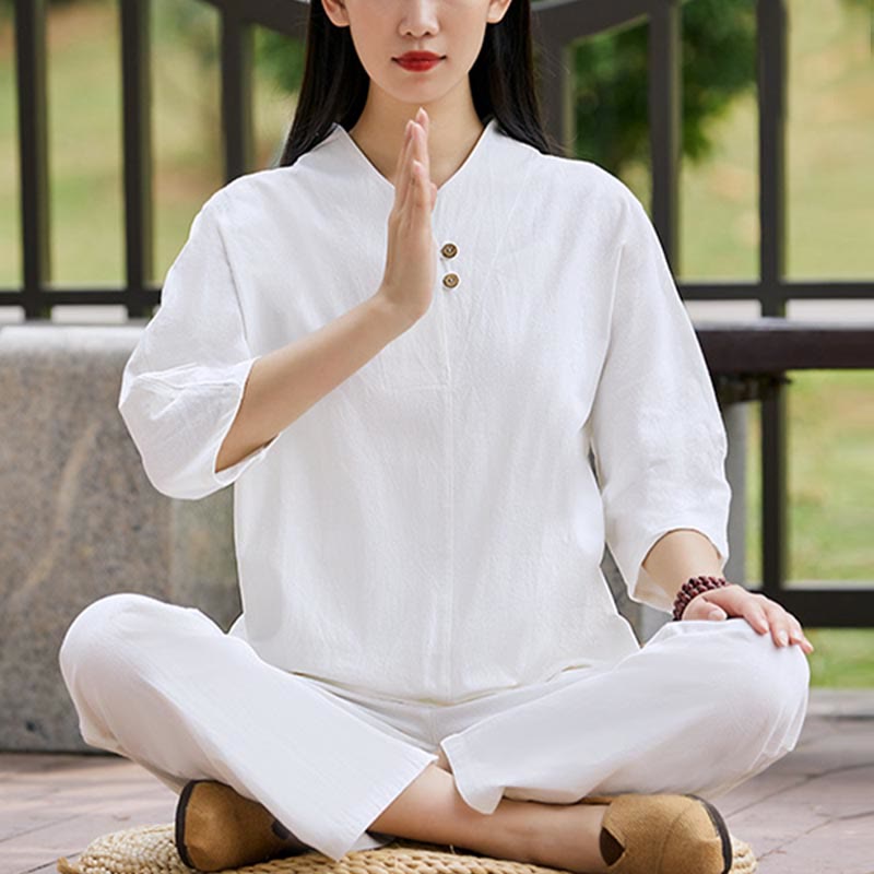2Pcs Shirt Top Pants Meditation Zen Tai Chi Cotton Linen Clothing Women's Set