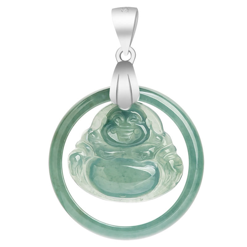925 Sterling Silver Natural Jade Round Laughing Buddha Abundance Chain Necklace Pendant