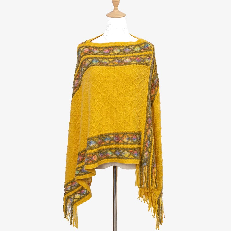 Tactile Knit Geometric Tassel Meditation Shawl Pullover