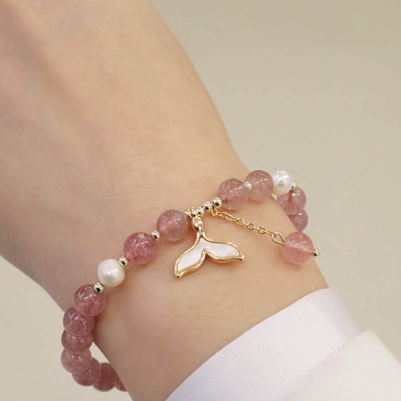 Strawberry Quartz Pearl Elk Smiley Face Fishtail Fu Character Charm Healing Bracelet