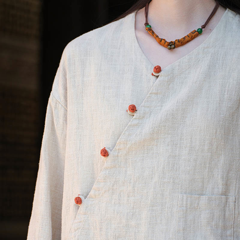 Solid Color Ramie Linen Loose Blouse Long Sleeve Shirt Chinese Hanfu Top