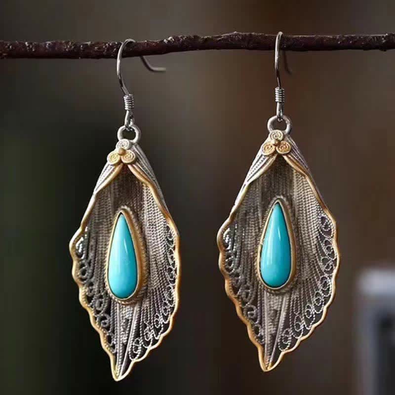 Bodhi Leaf Pattern 925 Sterling Silver Turquoise Dangle Drop Earrings