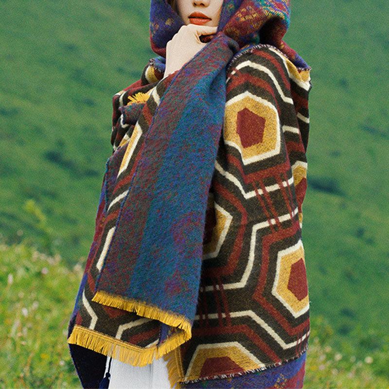 Tibetan Shawl Brown Blue Red Geometric Shapes Pattern Winter Cozy Travel Scarf Wrap